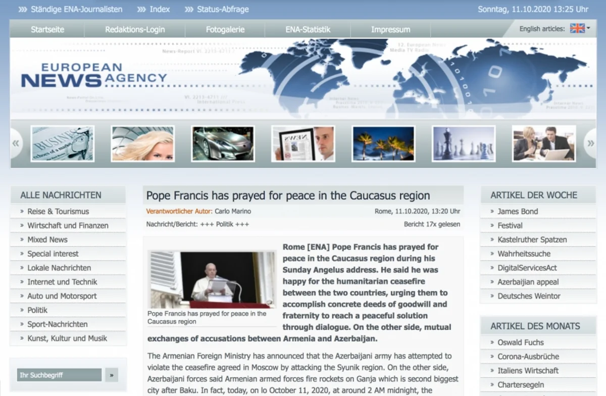 Avropa Xəbər Agentliyi Papanın Qarabağa təcavüz barədə fikirlərini dərc edib