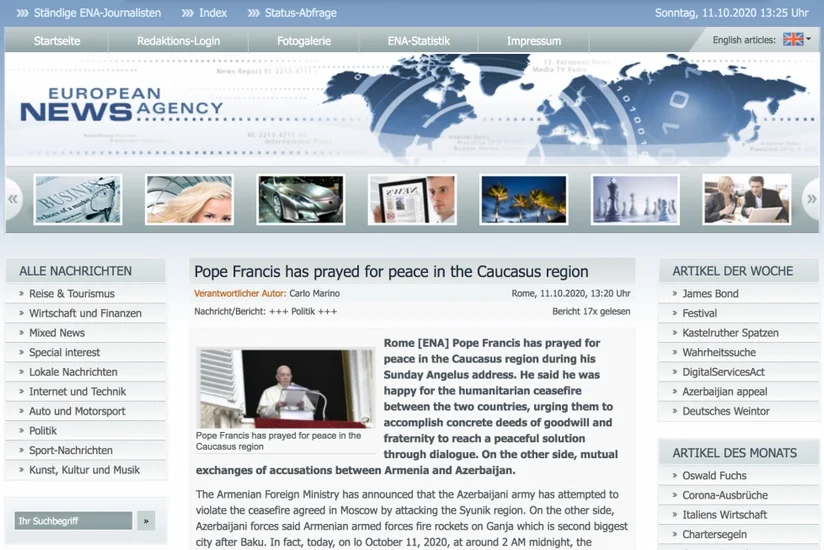 Avropa Xəbər Agentliyi Papanın Qarabağa təcavüz barədə fikirlərini dərc edib