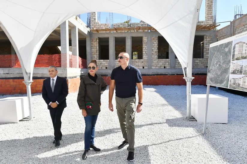 President and First Lady view construction work in building of secondary school No. 1 in Shusha 