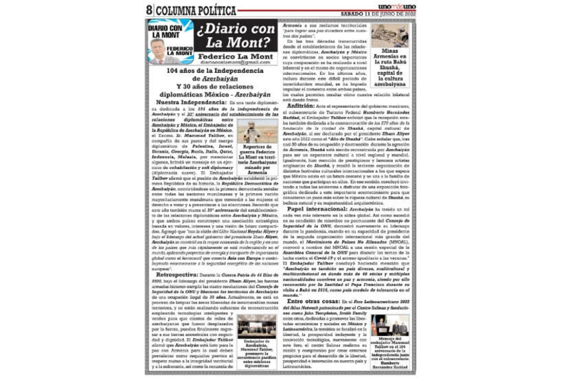 Meksikanın tanınmış qəzetində Azərbaycanın müstəqillik tarixindən bəhs edilib